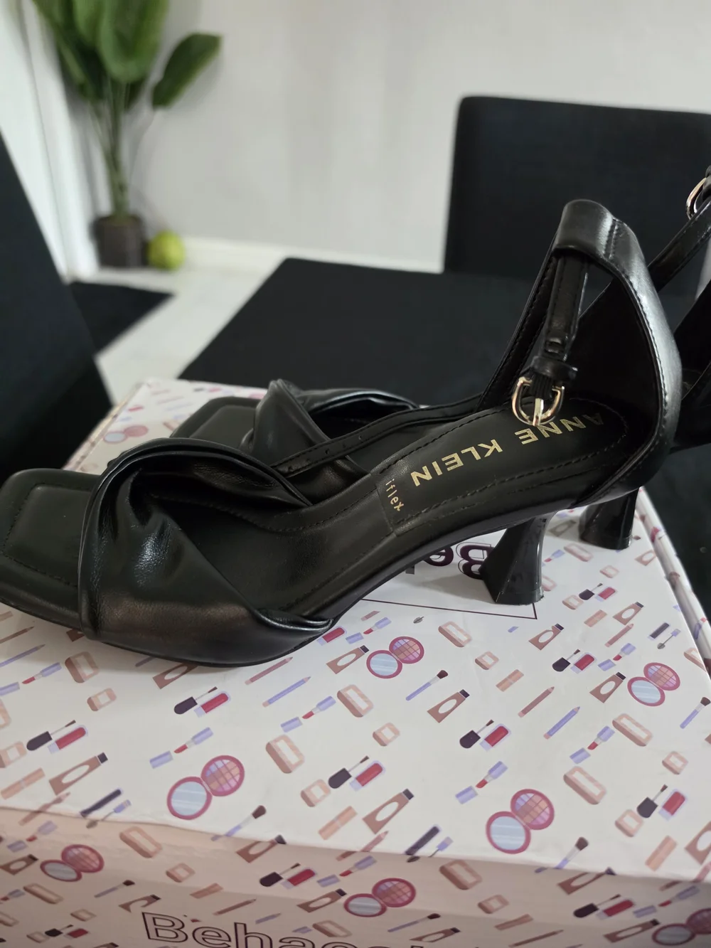 Anne Klein Black Leather Knot Front Ankle-Strap Sandals